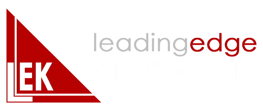 Logo for Leading Edge Kitchens with a red triangle on the left containing the letters "LEK." The words "leading edge" appear to the right, with "edge" in red and "KITCHENS" in light grey below.