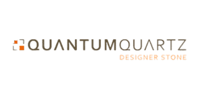 Logo for Quantum Quartz Designer Stone with stylised geometric icon on the left, followed by the company name “QUANTUM QUARTZ” in uppercase letters, and “DESIGNER STONE” below in smaller, orange text.